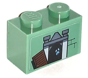 LEGO Sand Green Brick 1 x 2 with Window with Ghost Sticker with Bottom Tube (3004)