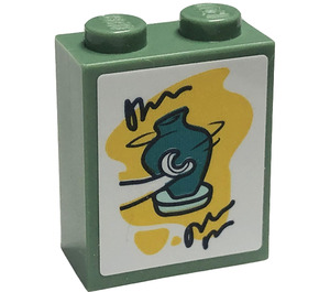 LEGO Sand Green Brick 1 x 2 x 2 with Dark Turquoise Pottery on Yellow Background Sticker with Inside Stud Holder (3245)