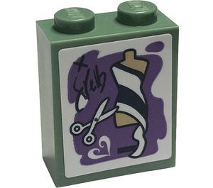 LEGO Sand Green Brick 1 x 2 x 2 with Sewing Manequin and Scissors on Purple Background Sticker with Inside Stud Holder (3245)