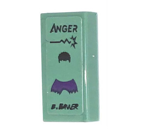LEGO Sand Green Tile 1 x 2 with Book ‘ANGER’ by ‘B.BANNER’ Sticker with Groove (3069)