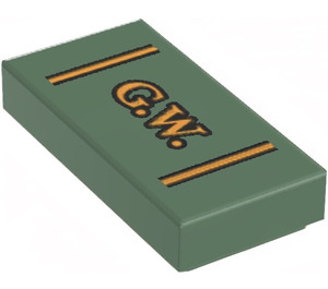 LEGO Sand Green Tile 1 x 2 with Groove with ‘G.W.’