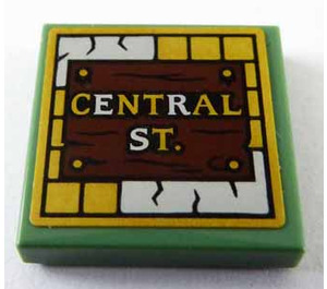 LEGO Sand Green Tile 2 x 2 with Gold and Silver 'CENTRAL ST.' Sticker with Groove (3068)
