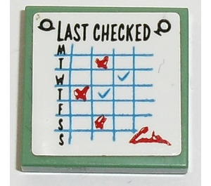 LEGO Sand Green Tile 2 x 2 with 'LAST CHECKED' Sticker with Groove (3068)