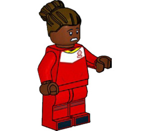 LEGO Fodbold Player, Kvinde, Rød Uniform, Dark Brun Hår med Bun Minifigur