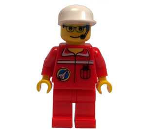 LEGO Spaceport Ground Control Worker with Red Shirt with Shuttle Logo, Red Pants, Glasses, Headset, and White Cap Minifigure