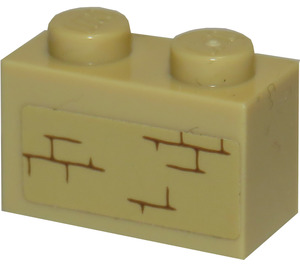 LEGO Zandbruin Steen 1 x 2 met Bricks Patroon (Links) Sticker met buis aan de onderzijde (3004)