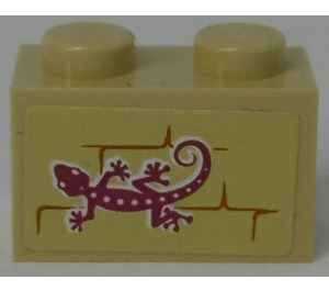 LEGO Beige Backstein 1 x 2 mit Lizard auf Mauer Aufkleber mit Unterrohr (3004)