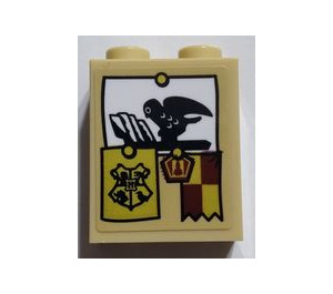 LEGO Tan Brick 1 x 2 x 2 with Owl, Hogwarts and Gryffindor Crests Sticker with Inside Stud Holder (3245)