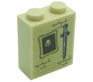 LEGO Zandbruin Steen 1 x 2 x 2 met Zwaard, Portrait Picture en Bricks Sticker met Stud houder aan de binnenzijde (3245)