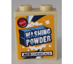 LEGO Beige Klods 1 x 2 x 2 med 'WASHING POWDER' og 'ACE CHEMICALS' Klistermærke med inde i knops holder (3245)