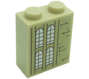 LEGO Zandbruin Steen 1 x 2 x 2 met Windows en Bricks (Rechtsaf) Sticker met Stud houder aan de binnenzijde (3245)