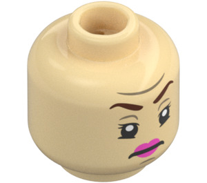 LEGO Beige Minihahmo Pää jossa Vaaleanpunainen Lips ja Murjottava (Upotettu kiinteä nuppi) (3274 / 104416)