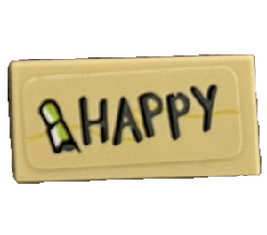 LEGO Tan Tile 1 x 2 with 'HAPPY' Sticker with Groove (3069)
