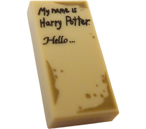 LEGO Beige Piastrella 1 x 2 con 'My name is Harry Potter' e 'Hello' con scanalatura (3069)