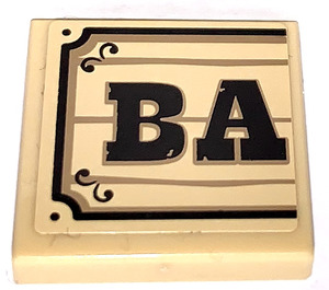 LEGO Tan Tile 2 x 2 with "BA" on Wood Effect Sticker with Groove (3068)