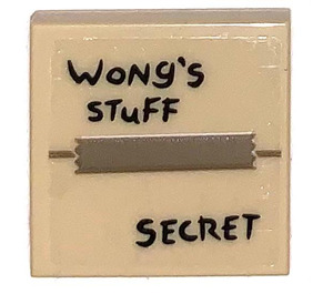 LEGO Tan Tile 2 x 2 with Box Top with ‘WONG’S STUFF’ and ‘SECRET’ Sticker with Groove (3068)