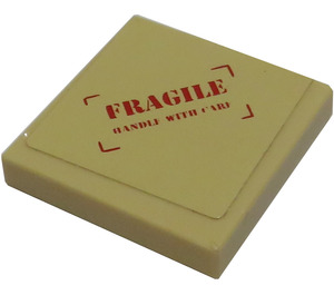 LEGO Beige Fliese 2 x 2 mit 'Fragile Griff mit Care' Aufkleber mit Nut (3068)