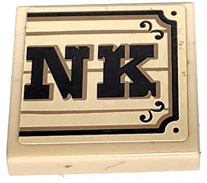 LEGO Tan Tile 2 x 2 with "NK" on Wood Effect Sticker with Groove (3068)
