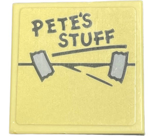 LEGO Beige Fliese 2 x 2 mit 'PETE'S STUFF' und Tape Aufkleber mit Nut (3068)