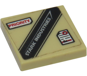 LEGO Tan Tile 2 x 2 with ‘STARK INDUSTRIES’ and ‘PRIORITY’ Label Sticker with Groove (3068)