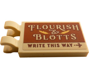 LEGO Beige Laatta 2 x 3 jossa Vaakasuora Clips jossa 'FLOURISH & BLOTTS' ja 'WRITE THIS WAY' Tarra (Paksut avoimet 'O'-klipsit) (30350)