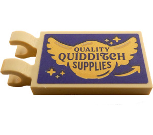 LEGO Beige Fliese 2 x 3 mit Horizontal Clips mit 'QUALITY QUIDDITCH SUPPLIES' Aufkleber (Dick geöffnete O-Clips) (30350)