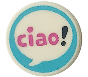 LEGO Fliese 1 x 1 Rund mit 'ciao', Exclamation Mark, Speech Blase (35380)