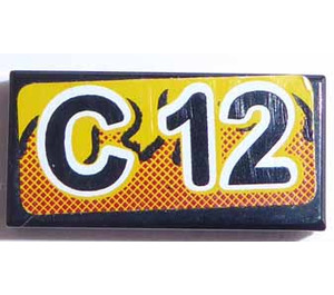 LEGO Tile 1 x 2 with 'C 12' Sticker with Groove (3069)
