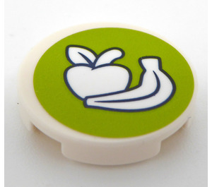 LEGO Tile 2 x 2 Round with Apple and Banana on a Lime Circle Sticker with Bottom Stud Holder (14769)