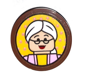 LEGO Tile 2 x 2 Round with Picture of old Woman (Ellie) Sticker with Bottom Stud Holder (14769)