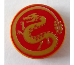 LEGO Tile 2 x 2 Round with Red Background and Gold Dragon with Bottom Stud Holder (14769)