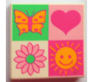 LEGO Tile 2 x 2 with Butterfly, Heart, Flower, and Sun Sections with Groove (3068)