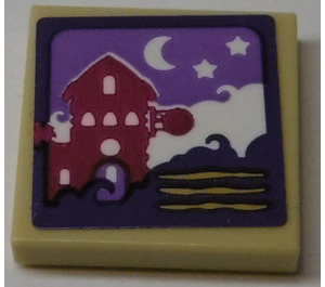 LEGO Tile 2 x 2 with House, Moon and Stars Sticker with Groove (3068)