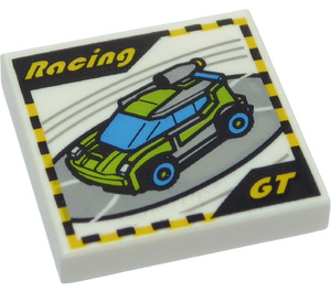 LEGO Tile 2 x 2 with Lime Car and "Racing" "GT" with Groove (3068 / 36922)