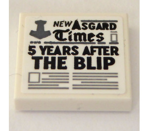 LEGO Tile 2 x 2 with 'NEW ASGARD Times' and ' 5 YEARS AFTER THE BLIP' Sticker with Groove (3068)