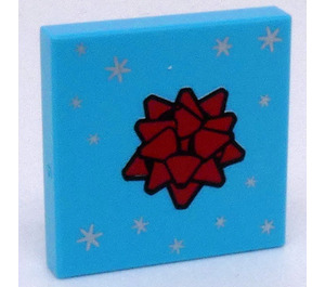 LEGO Tile 2 x 2 with Red Gift Bow and Silver Stars with Groove (3068)