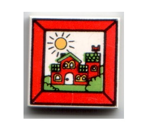 LEGO Tile 2 x 2 with Red House and Sun with Groove (3068)