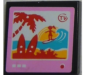 LEGO Tile 2 x 2 with TV Screen with Girl Surfing Sticker with Groove (3068)