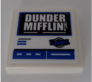 LEGO Tile 2 x 2 with White 'DUNDER MIFFLIN !' on Black Background Sticker with Groove (3068)