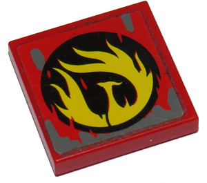 LEGO Tile 2 x 2 with Yellow Phoenix Flames in Black Circle and Dark Bluish Gray Splatter Sticker with Groove (3068)