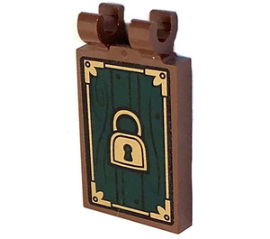 LEGO Tuile 2 x 3 avec Horizontal Clips avec gold lock sur dark green wood Modèle Autocollant (Pinces épaisses ouvertes en «O») (30350)