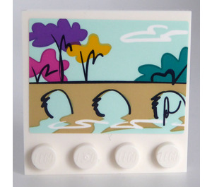 LEGO Tile 4 x 4 with Studs on Edge with Painting of River, Bridge and Trees Sticker (6179)