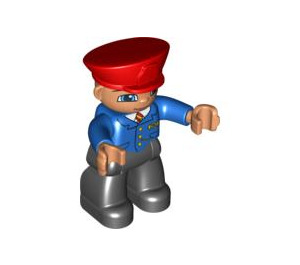 LEGO Train Conductor with Black Legs, Blue Jacket, Flesh Head and Red Hat Duplo Figure