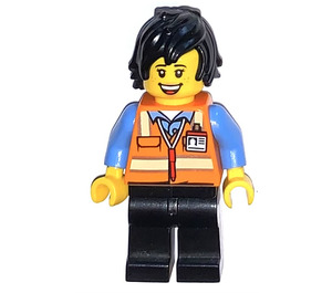 LEGO Train Worker, Female - Orange Torso, Black Legs, Black Hair Minifigure