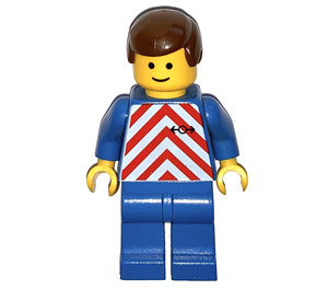 LEGO Train Worker with White and Red Safety Vest Pattern, Blue Legs, Brown Male Hair Minifigure