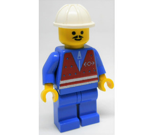 LEGO Train Yard Worker with Red Vest, Blue Shirt with Zipper, Blue Legs, Pointed Mustache, and Construction Helmet Minifigure