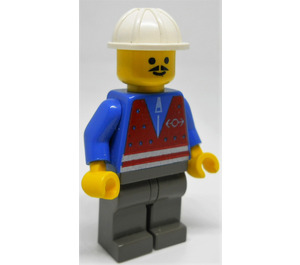 LEGO Train Yard Worker with Red Vest, Blue Shirt with Zipper, Dark Gray Legs, Pointed Mustache, and Construction Helmet Minifigure