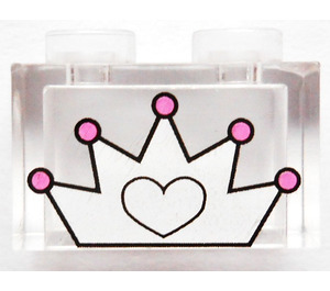 LEGO Transparent Brick 1 x 2 with Heart in Crown and Dark Pink Dots Pattern without Bottom Tube (3065)