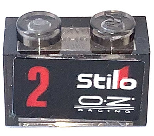 LEGO Transparent Brown Black Brick 1 x 2 with 2 Stilo O Z RACING Sticker without Bottom Tube (3065)