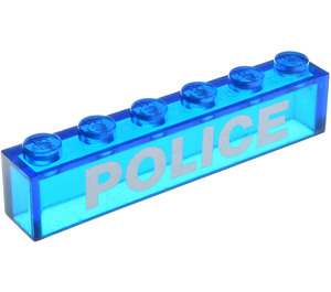 LEGO Transparent Dark Blue Brick 1 x 6 with White Bolded 'POLICE' Pattern without Bottom Tubes (3067)
